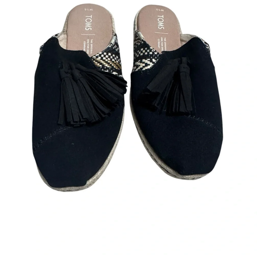 Toms Nova Espadrille Slides Black Suede Tassel Size 5.5 ws1